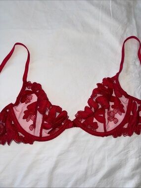 Victoria's Secret Red Floral Sheer Underwire Lace Bra
